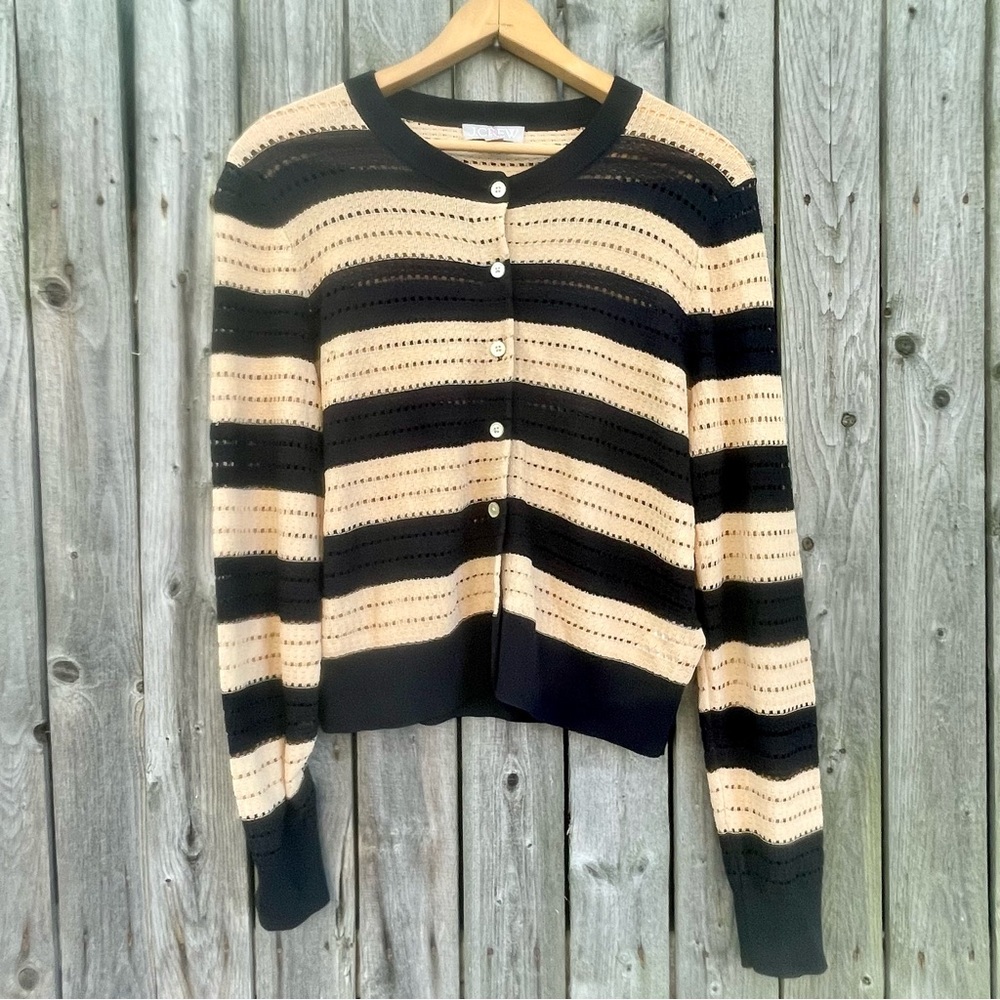 J. Crew Pointelle-Stitch Cardigan Black Tan Stripe Medium Old Money Preppy